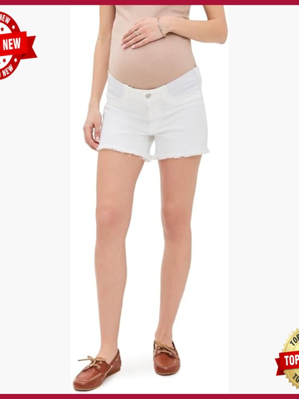 Maternity Denim Shorts with Elastic Waist, Frayed Hem, Mid Rise